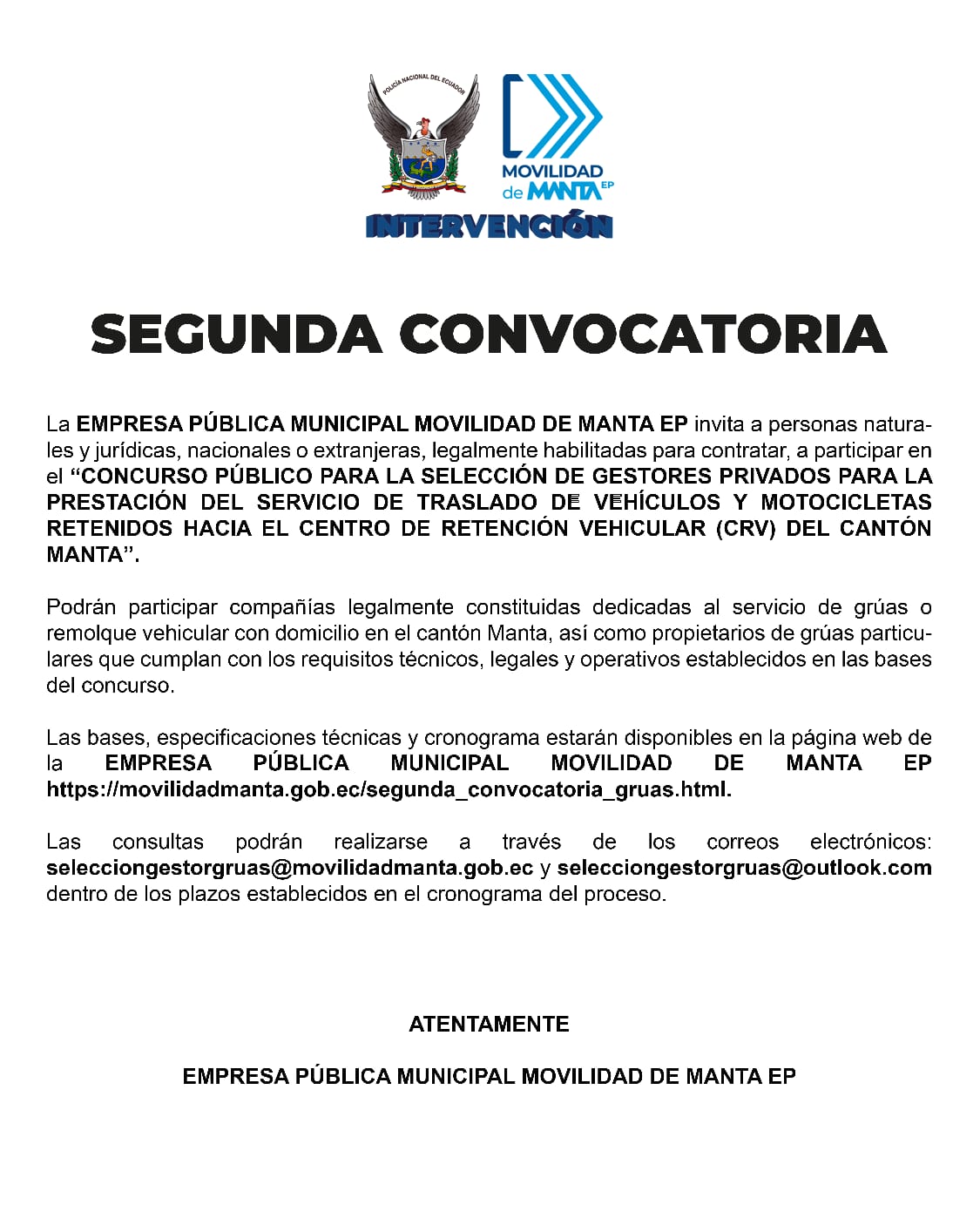 Convocatoria pública para servicio de grúas
