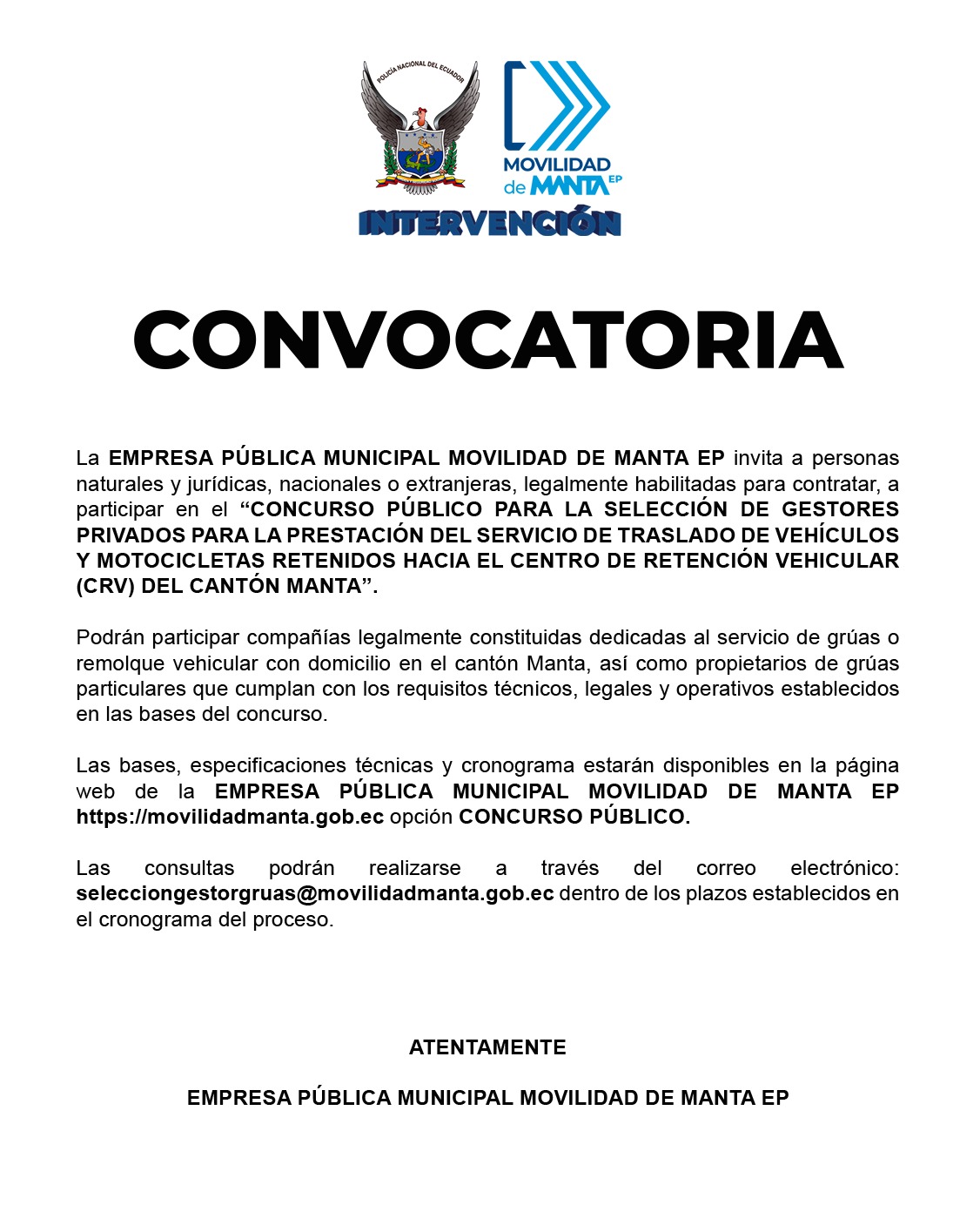 Convocatoria pública para servicio de grúas